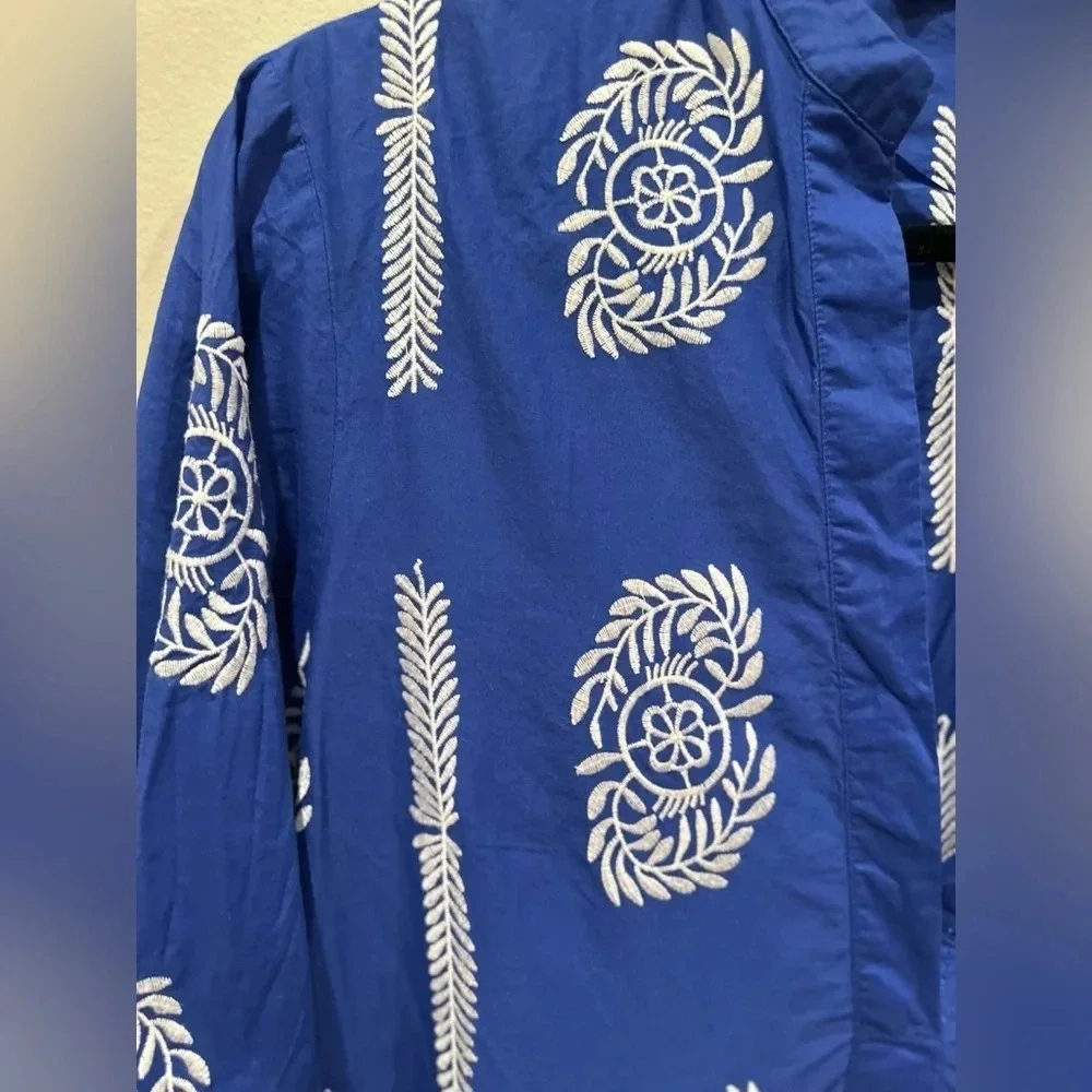 Zara blue cotton tunic top contrasting embroidery Size Small 2800 - Picture 5 of 12